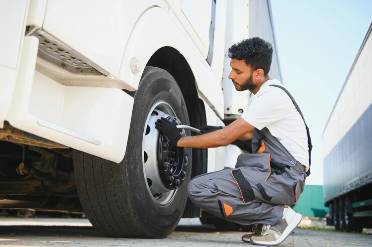 "Mechanic checking and tightening the wheel of a truck during roadside tyre repair"